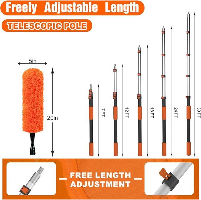 36FT Reach High Ceiling Duster Kit, Window Cleaning kit with 7-30FT Extension Pole, Fan Duster for Ceiling Fan Blades, Microfiber Feather Duster, Rotatable Window Squeegee and Cobweb Duster