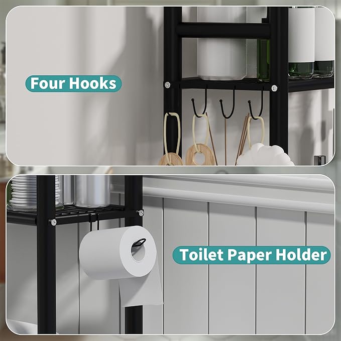 3-Tier Over The Toilet Storage Organizer, Space-Saving Bathroom Rack with Paper Holder & 4 Hooks, 64" Tall Freestanding Carbon Steel Shelf for Small Apartment Laundry Room (Black)