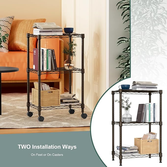M MZG 3 Tier Shelf Metal Storage Shelves Wire Rack Closet Organizers with Wheel for Garage Kitchen Bathroom Laundry Brown 11.8" D x 17.7" W x 29.8" H