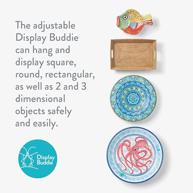 Display Buddie Adjustable Wall Plate Hanger - Secure For Oval Square Round Rectangle Wall Display - Steel - Silicone Hooks - Small 9"-13" up to 8 lbs