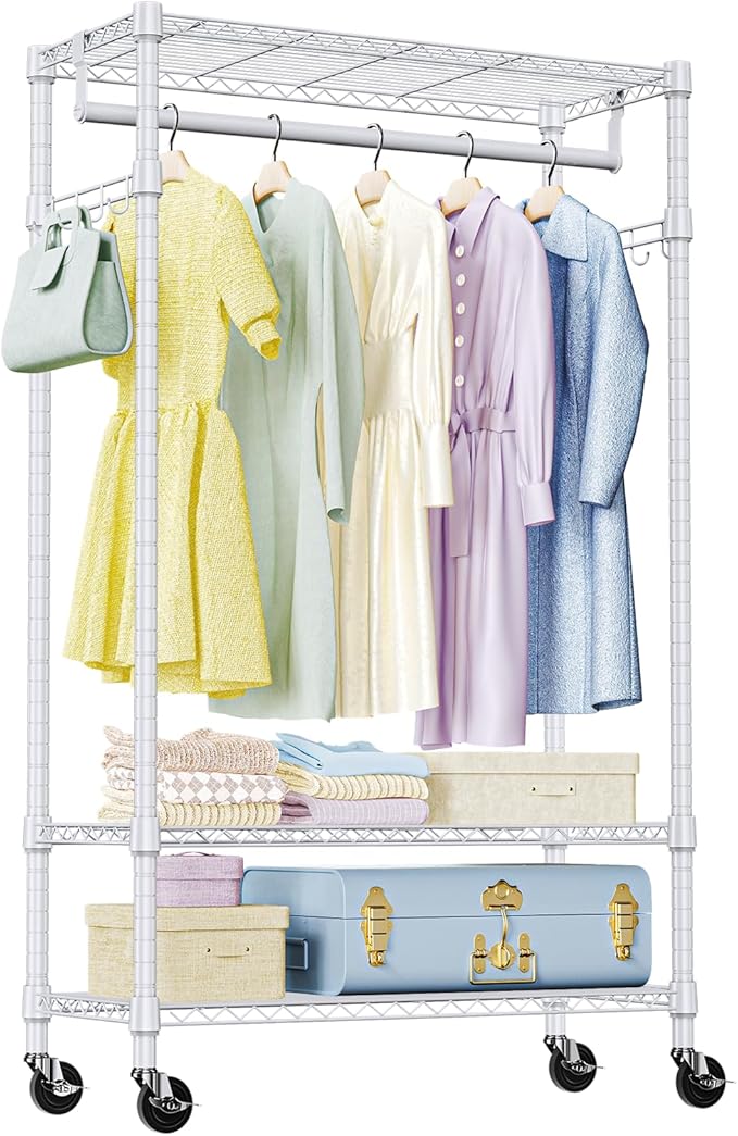 IZEUK Heavy Duty Rolling Garment Rack Wire Clothes Rack for Hanging Clothes (White, 3 Tier with 2 Rod, 29.5" W x 15.7" D x 75" H)