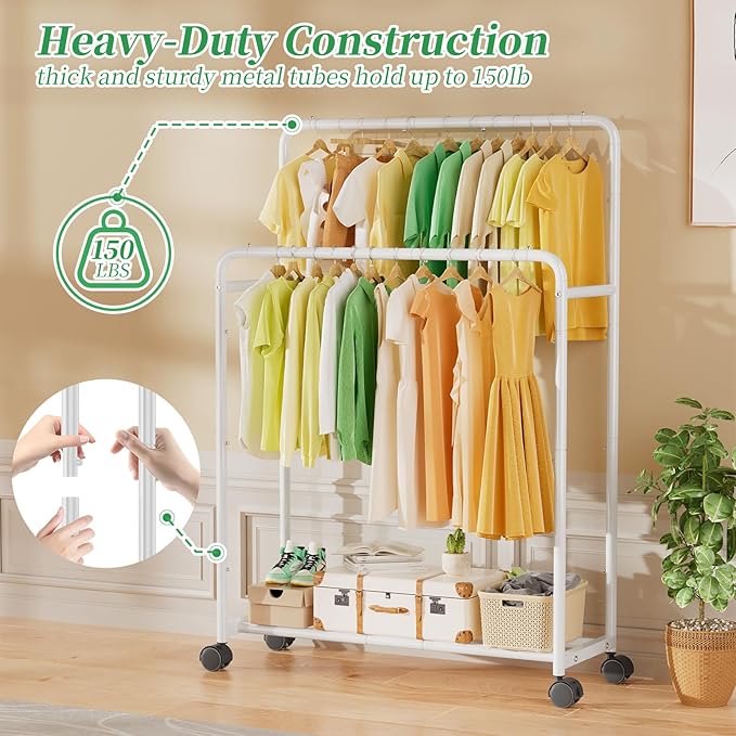 Simple Trending Clothing Clothes Rack Double Rods with Wheels, Rolling Metal Garment Rack for Hanging, White