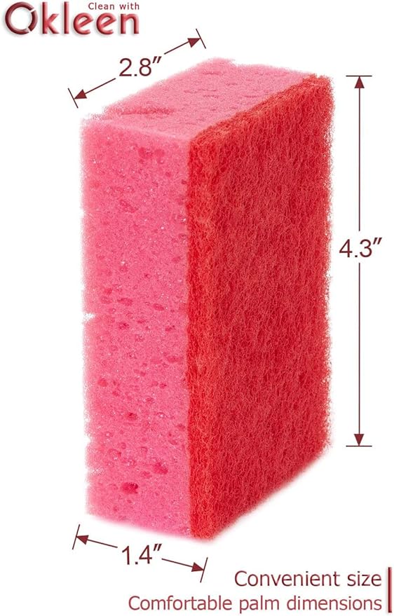 Pink Multi Use Scrub Sponges. Made in Europe. 9 Pack, 4.3x2.8x1.4 inches. Odorless Heavy Duty & Non Scratch Fiber. Durable and Delicate Scrubber for Kitchen & Bathroom, Housekeeping & Outdoors