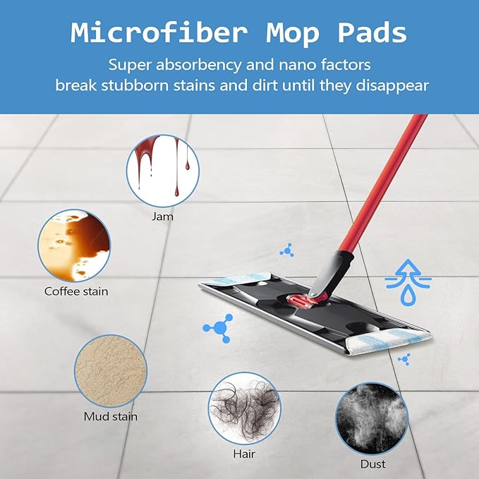 8 Pack Replacement Pads for O Cedar H2prO Flat Mop System, Flat Pads for Ocedar Flat Mop System, Machine Washable/ Reusable, Powerful Stain Removal, for Hardwood, Tile, Marble, laminate floors.