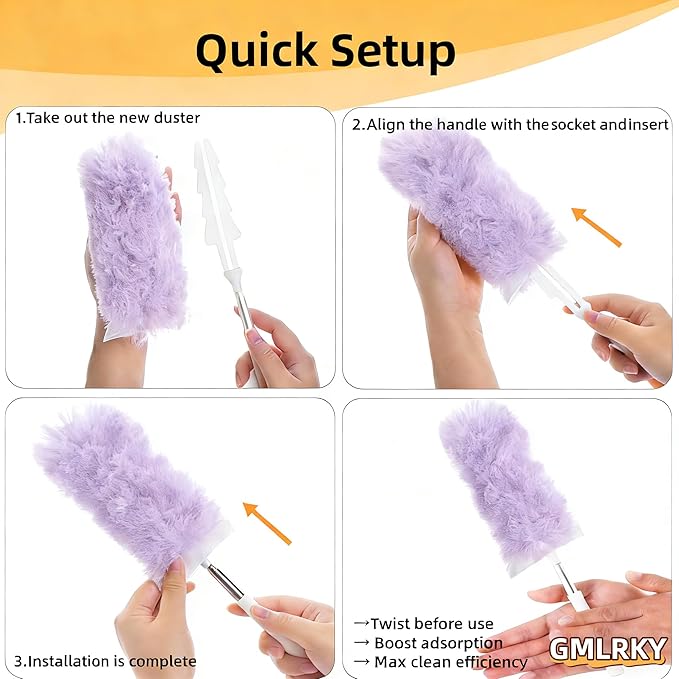 Heavy Duty Duster Refills, Disposable Dusters Kit for Cleaning Dusting Furniture Blind Ceiling Fan, Multi Surface 360 Feather Duster(10)+3FT Extended Handle（1） (pueple)
