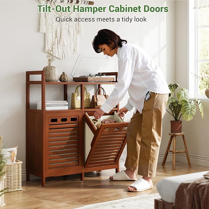 Homykic Tilt Out Laundry Hamper Cabinet, Bamboo Double Laundry Hamper with 2 Removable Laundry Baskets, 20 Gal Laundry Sorter Organizer with Shelf for Dirty Clothes, Bathroom, Laundry Room, Walnut