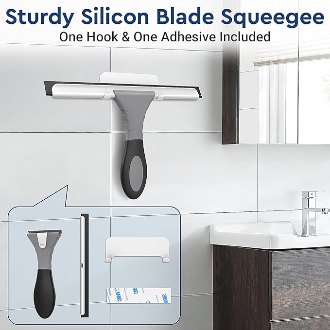 All-Purpose Silicone Shower Squeegee for Glass, Window, Door, Mirror, Car Windshield & Tile Wall, Portable Cleaner Tools, Includes One Hook & One Adhesive,10 Inches (Gray)