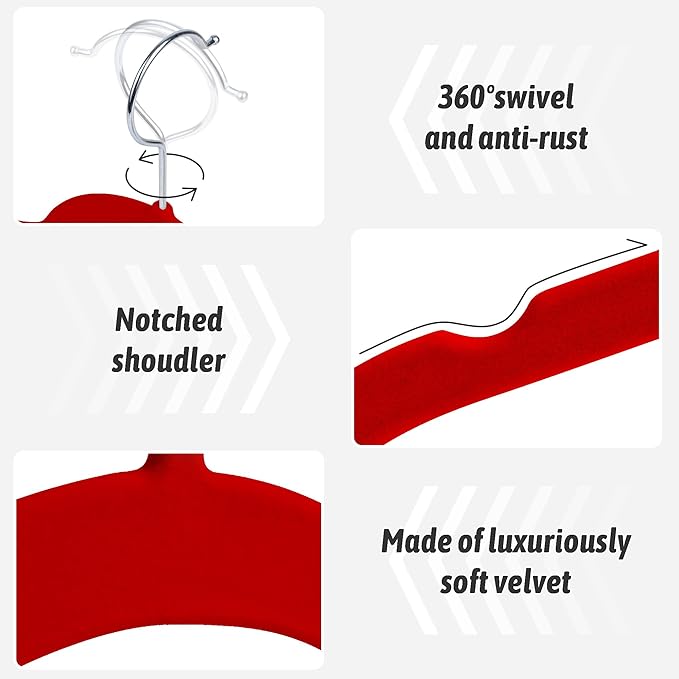 SIshynio 30 Pack Velvet Hangers – Non-Slip Slim Clothes Hangers with 360° Swivel Hook, Heavy Duty Flocked Shirt Hangers for Dresses, Suits, Blouses, Coats(Red)