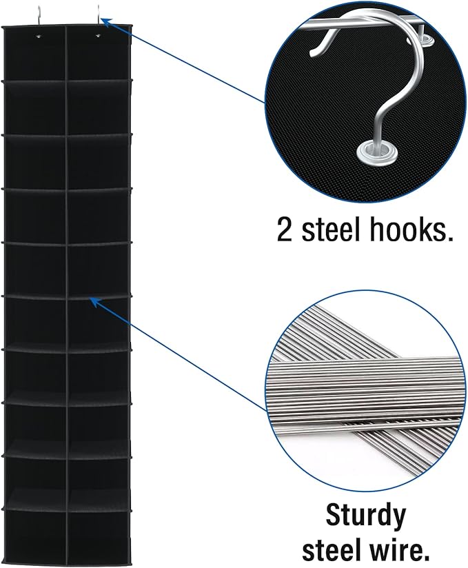 Libeder Hanging Shoe Organizer for Closet, Hanging Closet Organizers 20 Section Shoe Shelves, Space Saving Shoe Holder & Storage, Black, 12''W×12''Dx 50''H
