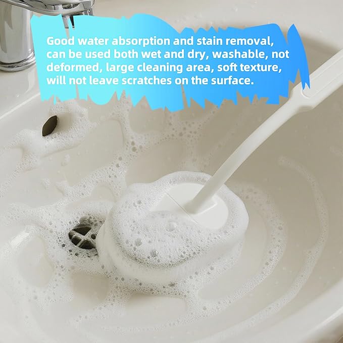 Long Handle Sponge Scrub Bathroom Brush, Sponge Cleaning Brush with Handle Large Wall Scrubber Shower Long Handles Brush for Tableware, Kitchen, Toilet, Bathroom Cleaning Tools Accessories White