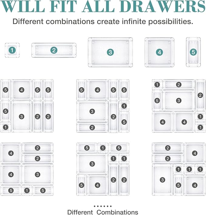 StorMiracle 10 PCS Drawer Organizer Set,4 Varied Size Bathroom and kitchen Drawer cabinet organizer Trays, Clear Storage Bins for Makeup, Jewelry, Utensils and Gadgets