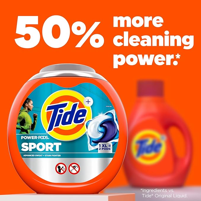 Tide Power Pods Sport Laundry Detergent Pacs, 63 Count, Advanced Sweat + Stain Fighter