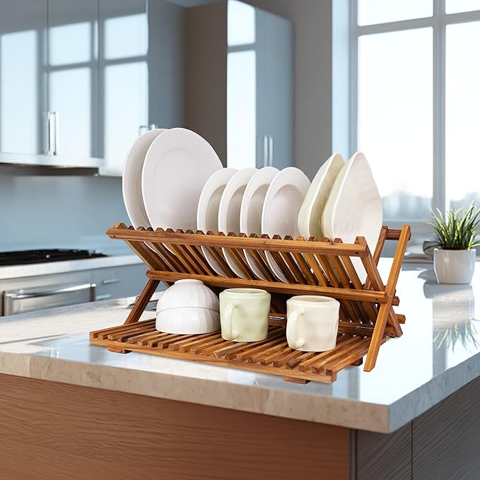 Utoplike Large Teak Dish Drying Rack, Wooden 3 Tier Collapsible Dish Draine for Countertop, Kitchen Organizer for Pasta Plates, Cups