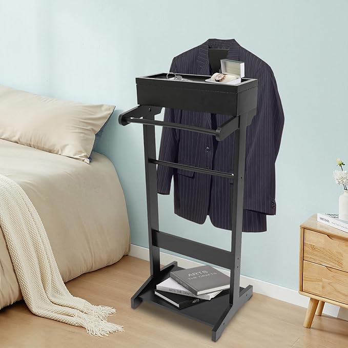 Valet Stand for Man and Women, Wood Suit Rack Suit Valet Stand with Top Tray, Storage Drawer, Bottom Shoe Rack, Freestanding Clothes Rack for Living Room, Entryway, Bedroom, Office, Black (Black)
