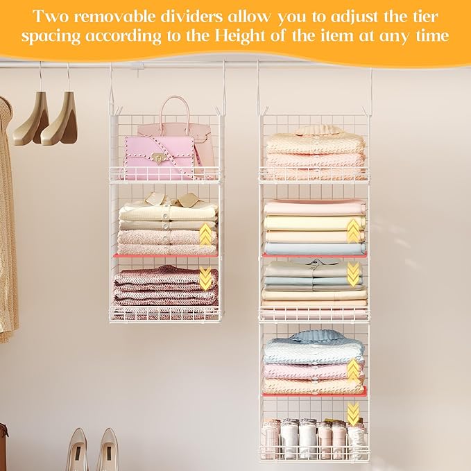 Yuyetuyo ﻿5 Tier Hanging Closet Organizer Separable Hanging Closet Shelves with 4 Hooks 2 Adjustable Dividers, Wire Storage Basket Bins for Clothing Sweaters Socks Dolls Handbags, Foldable