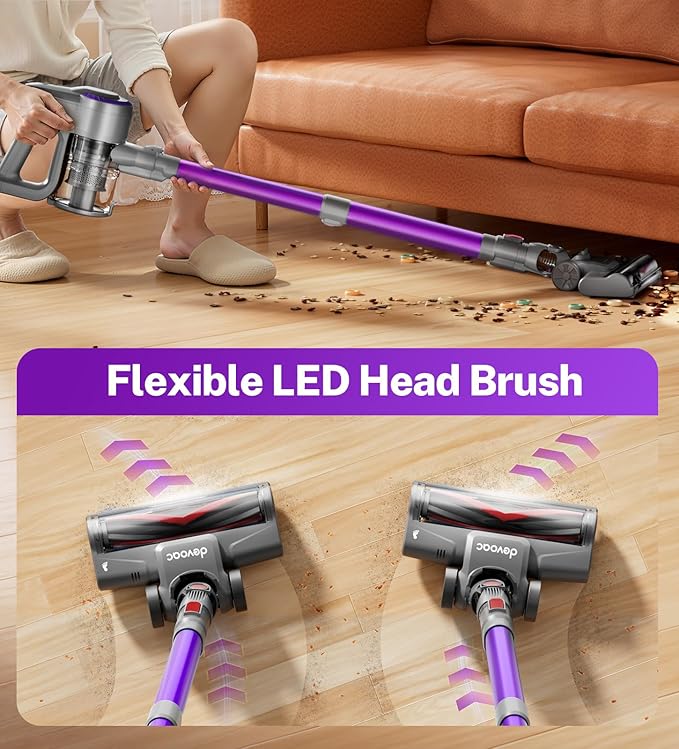 DEVOAC Cordless Vacuum Cleaner, Ultra-Lightweight Stick Vacuum, 2200mAh Battery Up to 40mins Runtime, 6 in 1 Powerful Handheld Vacuum for Home Hard Floor Carpet Pet Hair (Purple)