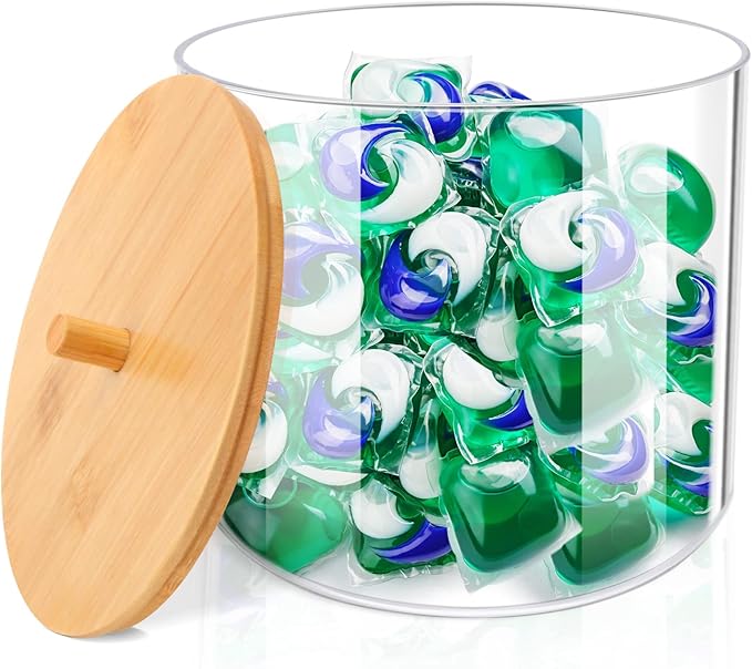 JYPS Large Capacity Laundry Pods Container with Bamboo Lid, Clear Acrylic Powder Detergent Containers for Pods, Scent Boosters & Powder, Laundry Room Organization decor, Airtight Storage Jars