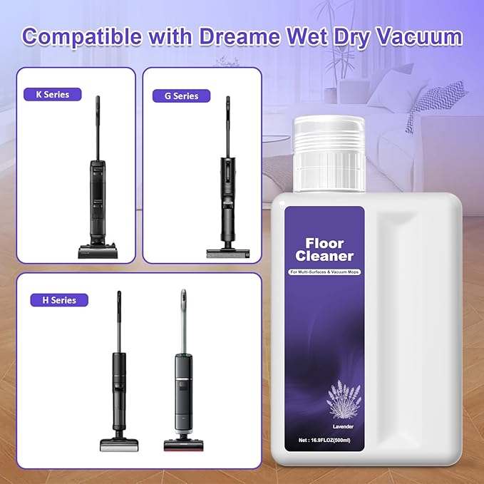 Floor Cleaning Solution Compatible With Dreame Cleaning Solution, Low Foam & No Residue, Floor Cleaner for All Robot Vacuum Cleaners and Wireless Wet Dry Dual-Use Vacuum Cleaners (Lavender, Total 1 L)
