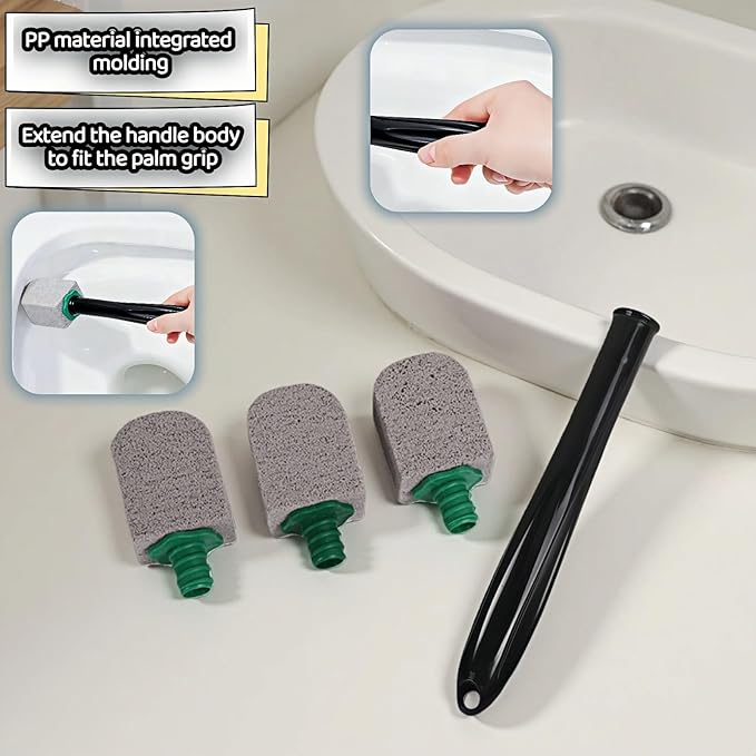 Pumice Toilet Bowl Cleaning Stone with Handle, Replaceable Heads, Natural Pumice Scrubber for Hard Water Stains, Multi-Surface Safe, 9.5 Inch, 3 Refills Included