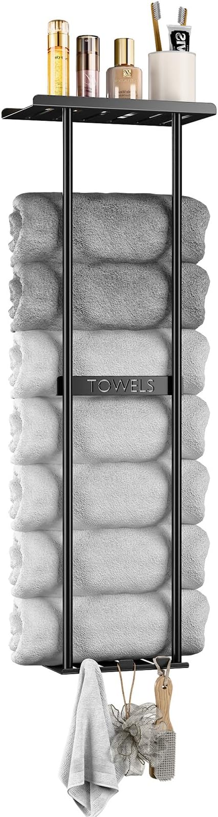 2-Tier Wall-Mounted Towel Rack with Hooks & Shelf, Black Metal Towel Holder for Small Bathrooms (Standard Version)