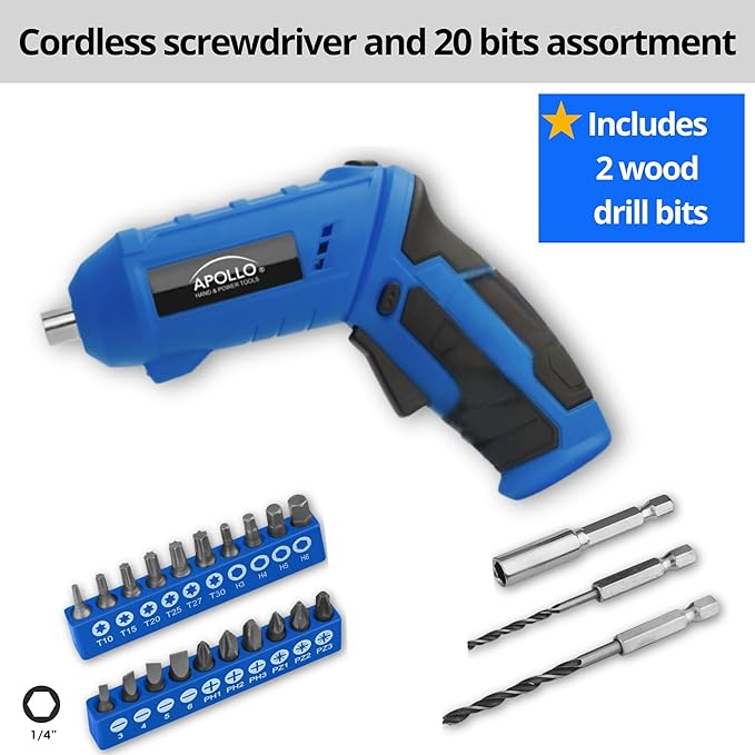 Apollo Tools 81-Piece Home Tool Set with 3.6V Li-Ion USB Cordless Screwdriver, Rotating Handle, LED Light, Hand Tools & Picture Hanging Kit – Compact Household Repair & DIY Kit, Blue/Gray DT2020