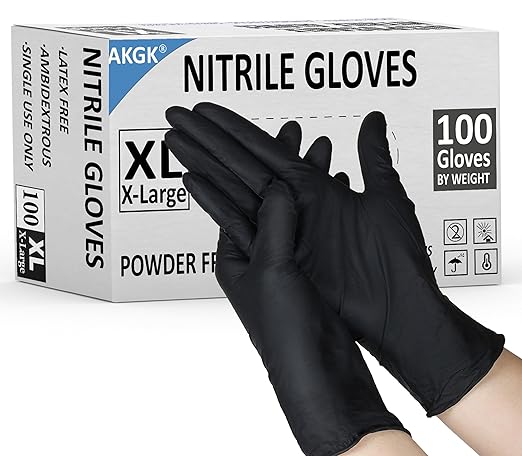 akgk Nitrile Gloves, 100 Pcs Disposable Black Nitrile Gloves X-Large, Cleaning Gloves for Cooking, Household & More, Powder-Free, Latex-Free