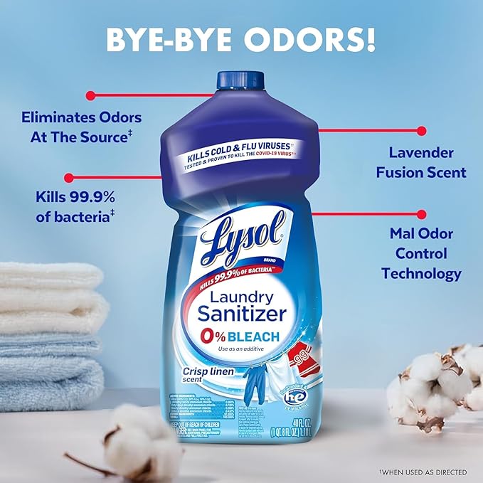Lysol Disinfectant Laundry Sanitizer, Laundry Detergent Additive, Color Safe Bleach Alternative, Laundry Odor Eliminator, Kills Bacteria & Viruses, Crisp Linen Scent, 40 fl oz (pack of 4)