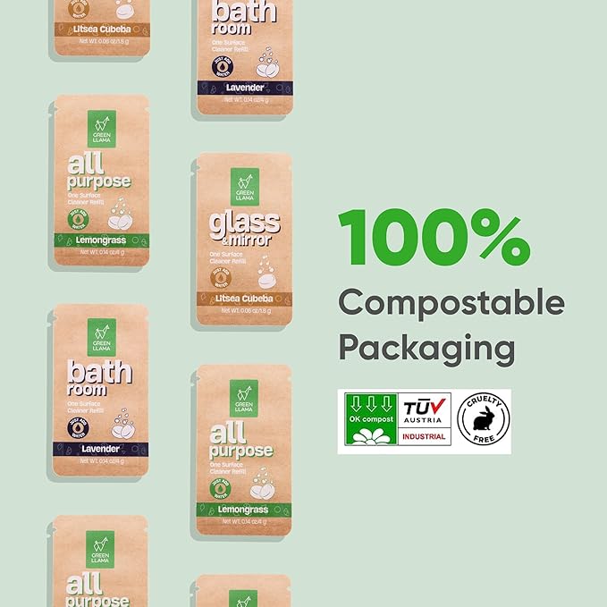 Green Llama Eco-Friendly and Sustainable All-Purpose Refill Tablets | 3-Pack | Lemon Grass Scent | Natural Cleaning Solution for Home with Certified Compostable Packaging