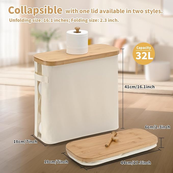 32L Bamboo Toilet Paper Storage Basket with Lid and Handle， Toilet Paper Organizer for Bathroom - Mega Capacity ， Collapsible Bathroom Toilet Paper Holder with Storage, Soft Beige，1 Pack