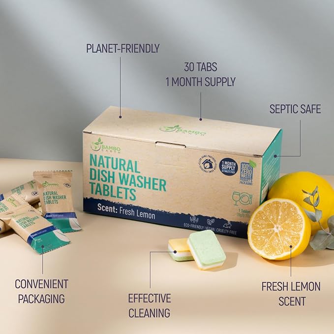 Natural Dishwasher Detergent Tablets - Plant Based Alternative Refill Pack Dishwashing Tabs - Eco-Friendly And Plastic Free Way To Cleaner Dishes - 30/60/90 Refills Dish Washer Soap Pods (30 Pack)