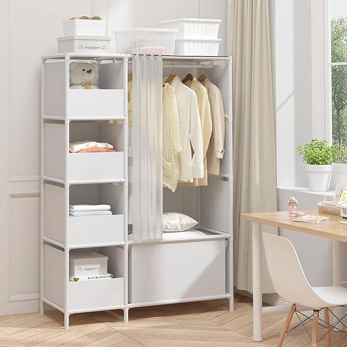 MOYIPIN Portable Closet，Free Standing Wardrobe Closet with Hanging Rod and Curtain，Clothes Storage Organizer, for Cloakroom, Bedroom，40.55 x 16.73 x 65.35Inches，White