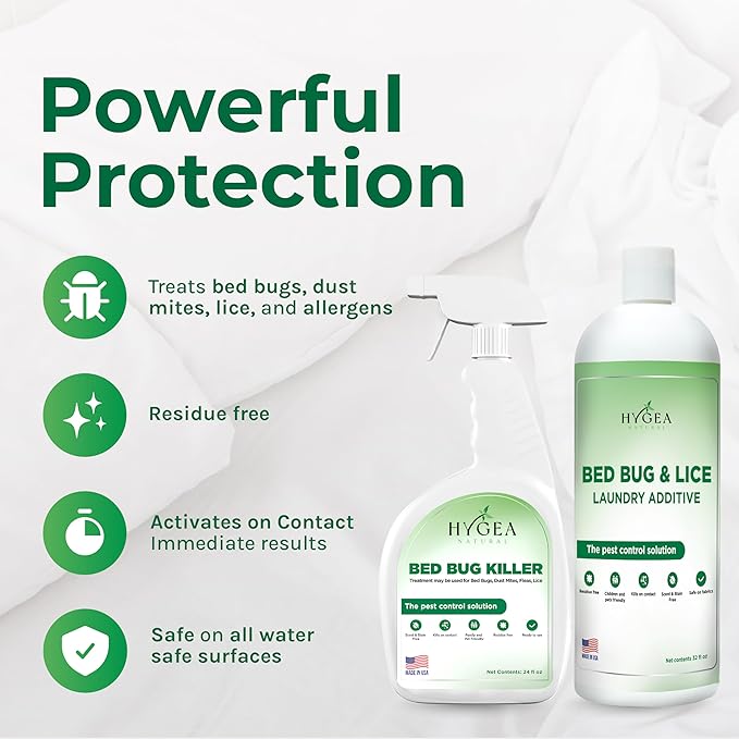 Hygea Natural Bed Bug & Lice Elimination Combo Kit - Includes 24 oz lice & Bed Bug Spray and 32 oz Lice & Bed Bug Laundry Additive - Gentle Formula