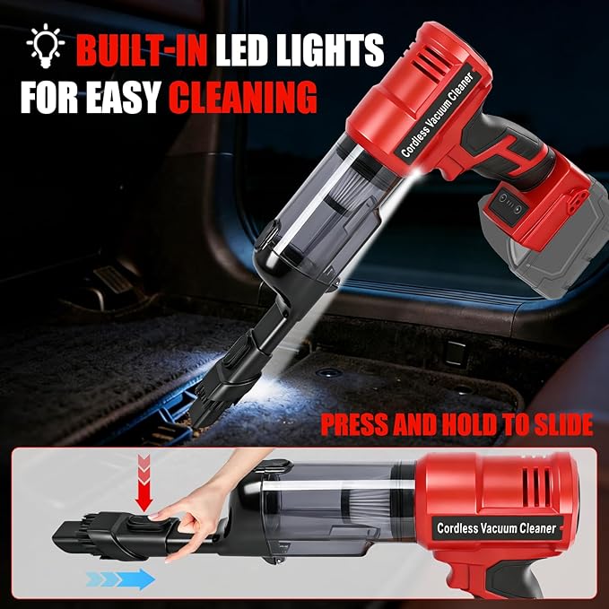 Cordless Vacuum Cleaner for Milwaukee M18 Battery, 105AW Brushless Handheld Vacuum with 3-Speed Control, LED Light, 4 Nozzles & 5 Filters, Portable Vacuum for Car Floor Home (No Battery)