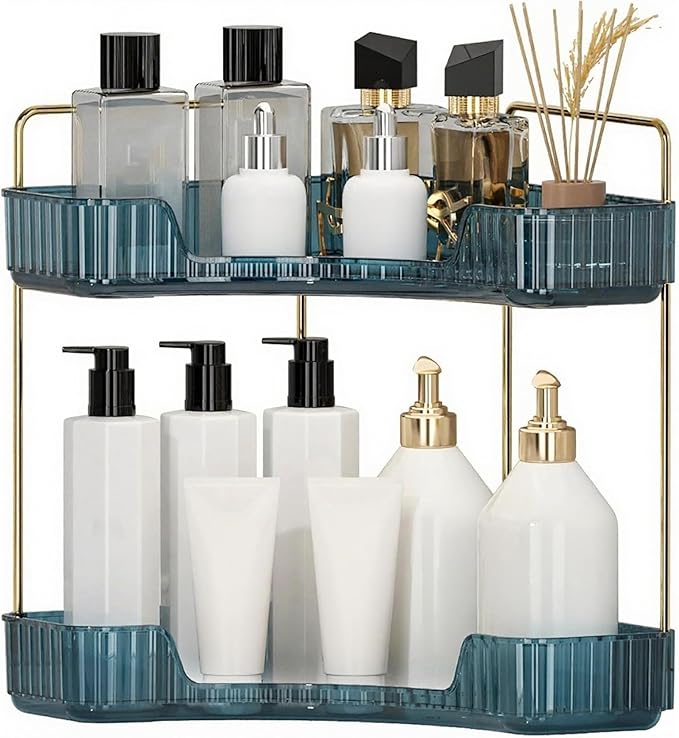 INVSSENE Corner Bathroom Countertop Organizer, Vanity Organizer Trays for Counter, Makeup Organizers, Perfume Tray, Skincare Shelf Storage Gifts for Women Girl Student (Blue, 2 Tiers)