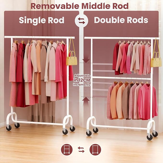 Heavy Duty Clothes Rack, 78.35" Rolling Clothing Rack for Hanging Clothes with Lockable Wheels, 6-Level Adjustable Double Rod Garment Rack for Bedroom, Laundry, Clothing Store, White