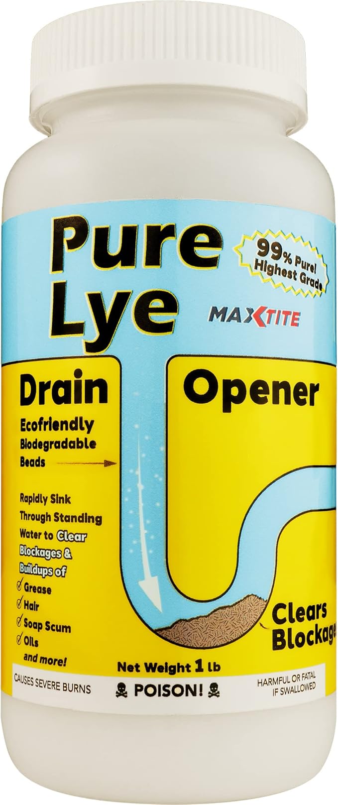 MaxTite Pure Lye Drain Opener Cleaner/Caustic Soda (1 Lb) - Sodium Hydroxide/NaOH Beads - PET container w/Resealable Child Resistant Cap