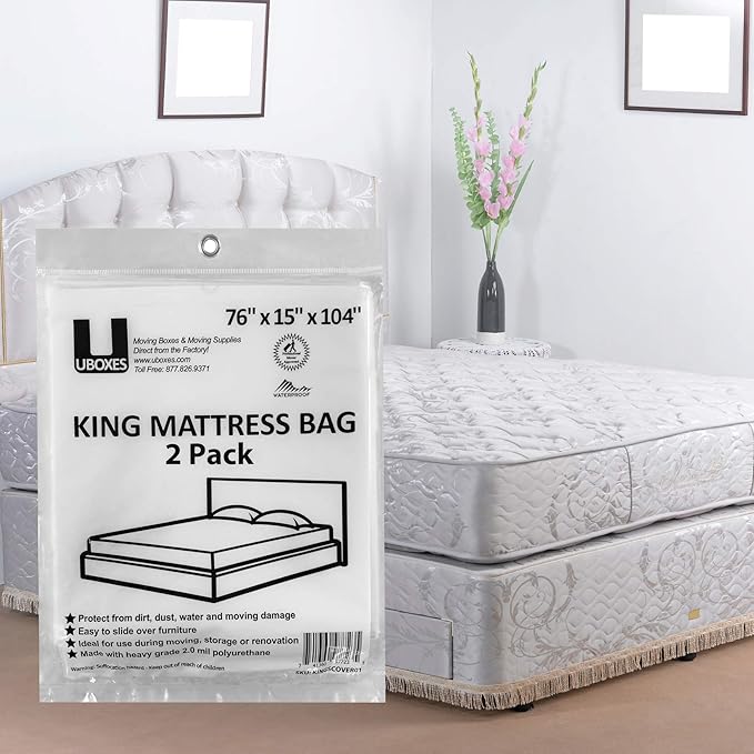 Uboxes King Mattress Poly Covers, 76 x 15 x 104 inch, 2 Count (Pack of 12), Clear