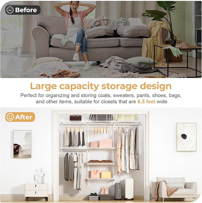 Wire Closet Organizer System, Wall Mounted 6.5 Ft. Custom Closet Kit for Bedrooms Laundry Mudroom Garage Basement, Adjustable Storage Shelves for Clothes Shoes Handbags