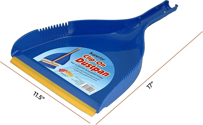 Superio Clip-On Dustpan - Heavy Duty Blue Plastic, Easy Grip Clip On Dust Pan with Rubber Edge, Detailed Sweeping Debris, Fits Standard Brooms Home & Commercial Dusting & Cleaning Tool (1)