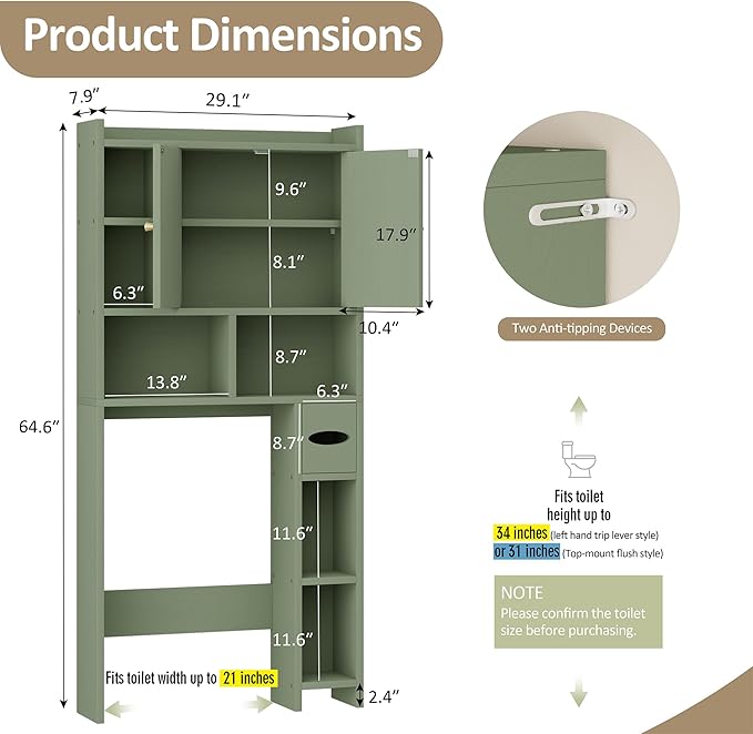 Meilocar Over The Toilet Storage Cabinet, 64.6" Tall Bathroom Organizer Space Saver with Toilet Paper Holder & Adjustable Shelf, Freestanding Wood Cabinet for Small Space, Green
