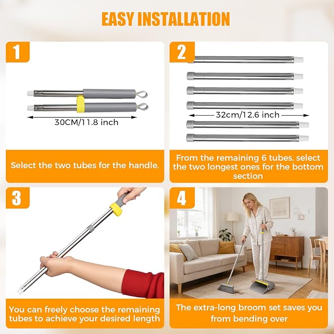 Upgrade Broom and Dustpan Set 180° Rotatable Head with 61" Extra Long Adjustable Handle Self-Cleaning Dustpan Teeth&Zero Gap Indoor Outdoor Sweeping for Home Kitchen Office Pet Hair-Gray&Yellow