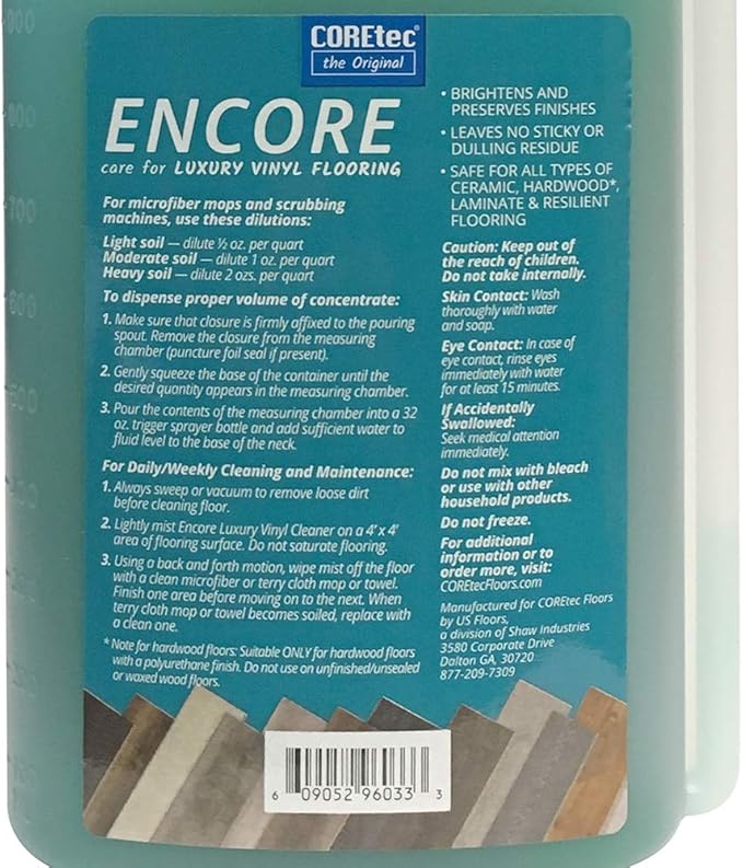 COREtec ENCORE 03Z78 Floor Cleaner Care for Luxury Vinyl Flooring Concentrate 32 oz (Refills 16x)