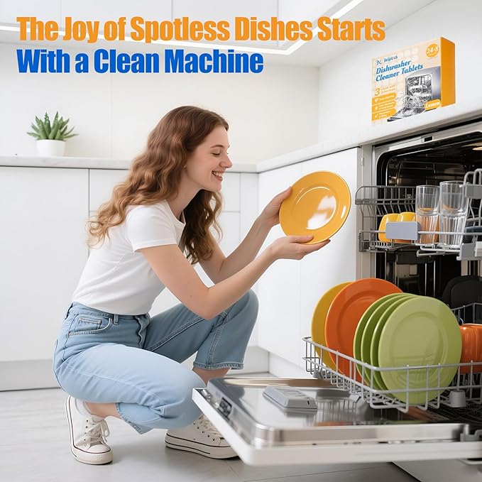 Dishwasher Cleaner Tablets - Dishwasher Cleaner And Deodorizer Tablets Lemon Scented, Heavy Duty Deep Clean Descaler Pods for Septic Safe, Prevents Buildup & Odor, Natural Limescale Remover (32 Pack)