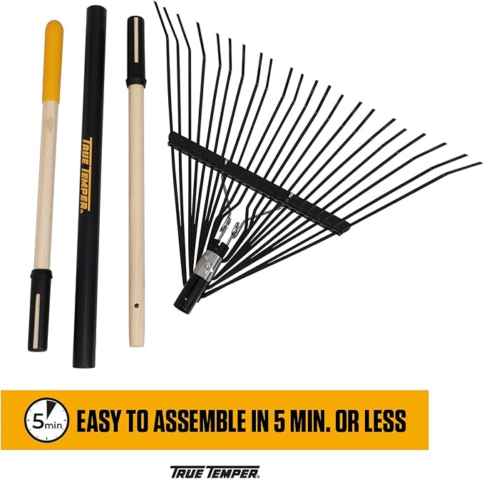 True Temper Steel Tine Leaf Rake with Hardwood/Steel Handle for Lawns, Gardening, and Dethatching, 22 Tines, Black