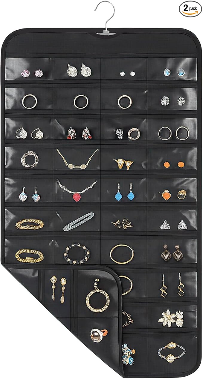 2 Pack Hanging Jewelry Organizer, 80 Clear Pockets earring organizer and storage, Accessories holder organizer for Closet, Jewelries, Necklace, Travel