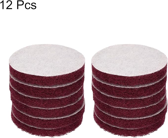HARFINGTON 12pcs Scrubber Scouring Pads 500 Grits 3 Inch Drill Power Brush Hoop and Loop Surface Conditioning Disc Drill Scuffing Disc Scrub Pads for Home Kitchen Cleaning, Dark Red