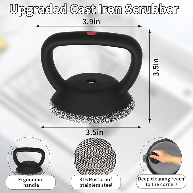 MEIXINZHI Cast Iron Cleaner, Chain Mail Scrubber & Pan Grill Scrapers - 2 in 1 Cast Iron Skillet Cleaner (Black, Without mat)