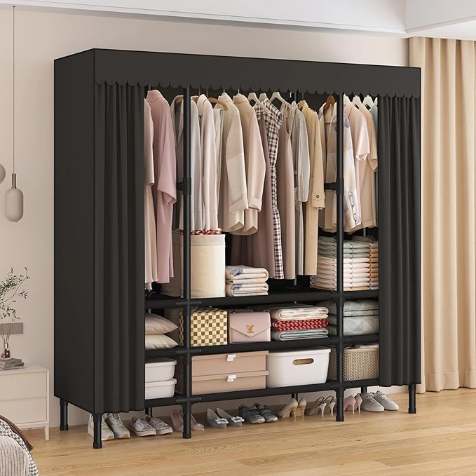 Portable Closet,Garment Rack,Heavy Duty Clothes Rack with Cover,Wardrobe Closet with 3 Hanging Rods, 9 Storage Shelves,55.1" L x 17.7" W x 67.7" H,Black