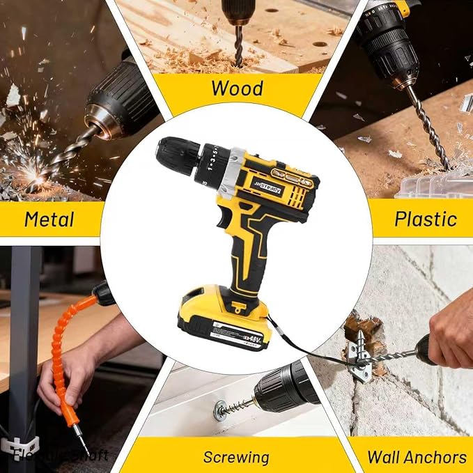 136pcs Heavy-Duty Cordless Drill & Tool Set with 2 Batteries, All-in-One Hand Tool Set，Lithium-Ion Drill Press, Screwdrivers, Bits, Wrenches, Pliers Electric Toolbox Kit for home Repair, Construction