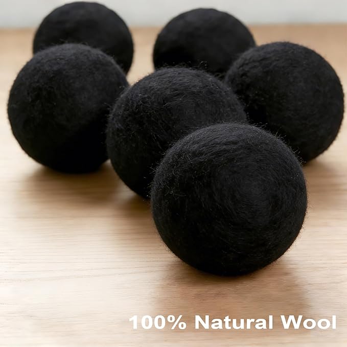 Wool Dryer Balls 6-Pack XL - Natural Reusable Laundry Fabric Softener, Reduces Wrinkles & Drying Time, Hypoallergenic, Leaves Fabrics Naturally Soft and Fluffy (Black)
